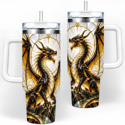 Black Gold Dragon 40oz Tumbler, Stained Glass Fantasy Art for Dragon Fans