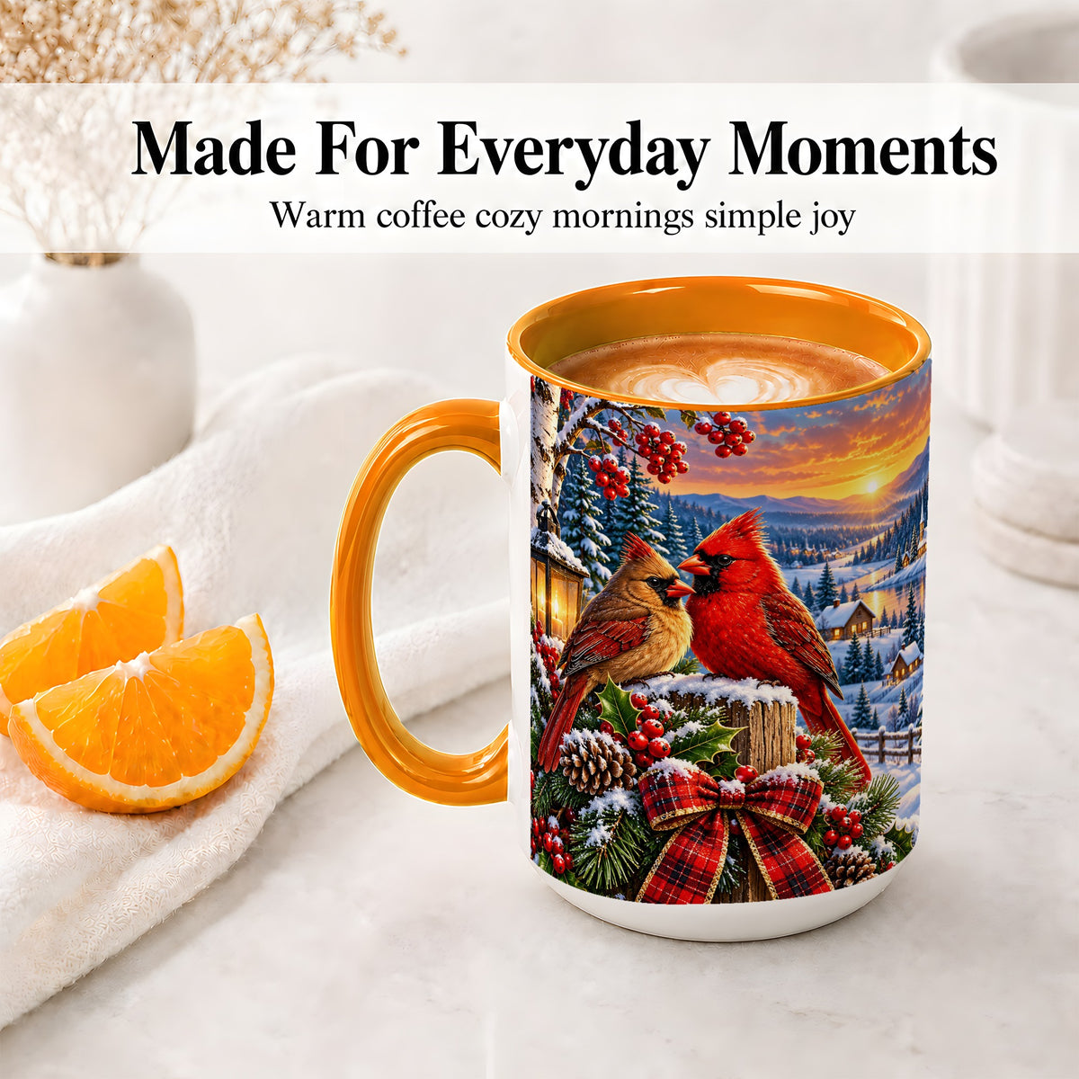 #pl[15oz|Orange] Winter Cardinal Pair Ceramic Mug with Snowy Landscape Art