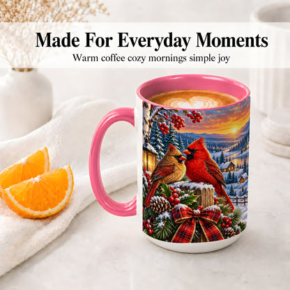 #pl[15oz|Pink] Winter Cardinal Pair Ceramic Mug with Snowy Landscape Art