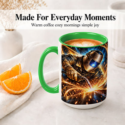 #pl[15oz|Green] Welder Sparks Ceramic Mug with Industrial Work Artwork