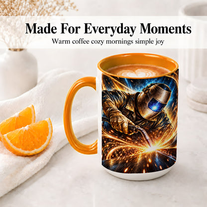 #pl[15oz|Orange] Welder Sparks Ceramic Mug with Industrial Work Artwork