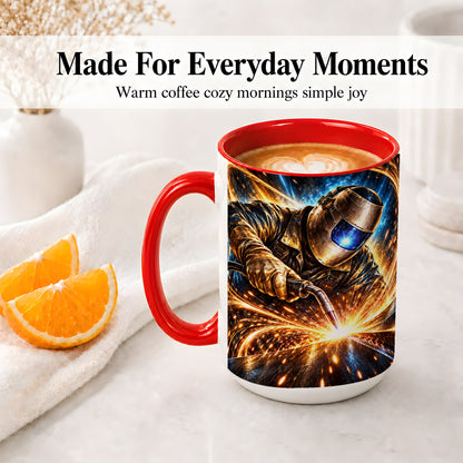 #pl[15oz|Red] Welder Sparks Ceramic Mug with Industrial Work Artwork