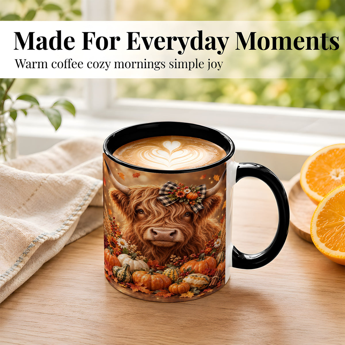 #pl[11oz|Black] Highland Cow Coffee Mug, Autumn Farmhouse Mug, Ceramic Cup