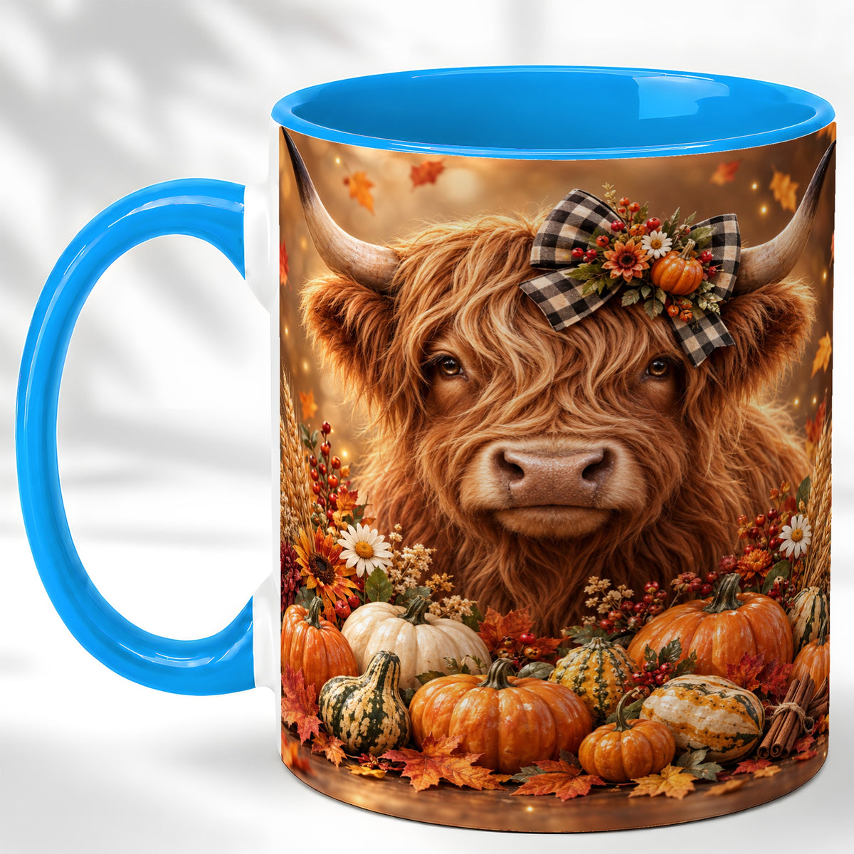 #pl[11oz|Blue] Highland Cow Coffee Mug, Autumn Farmhouse Mug, Ceramic Cup