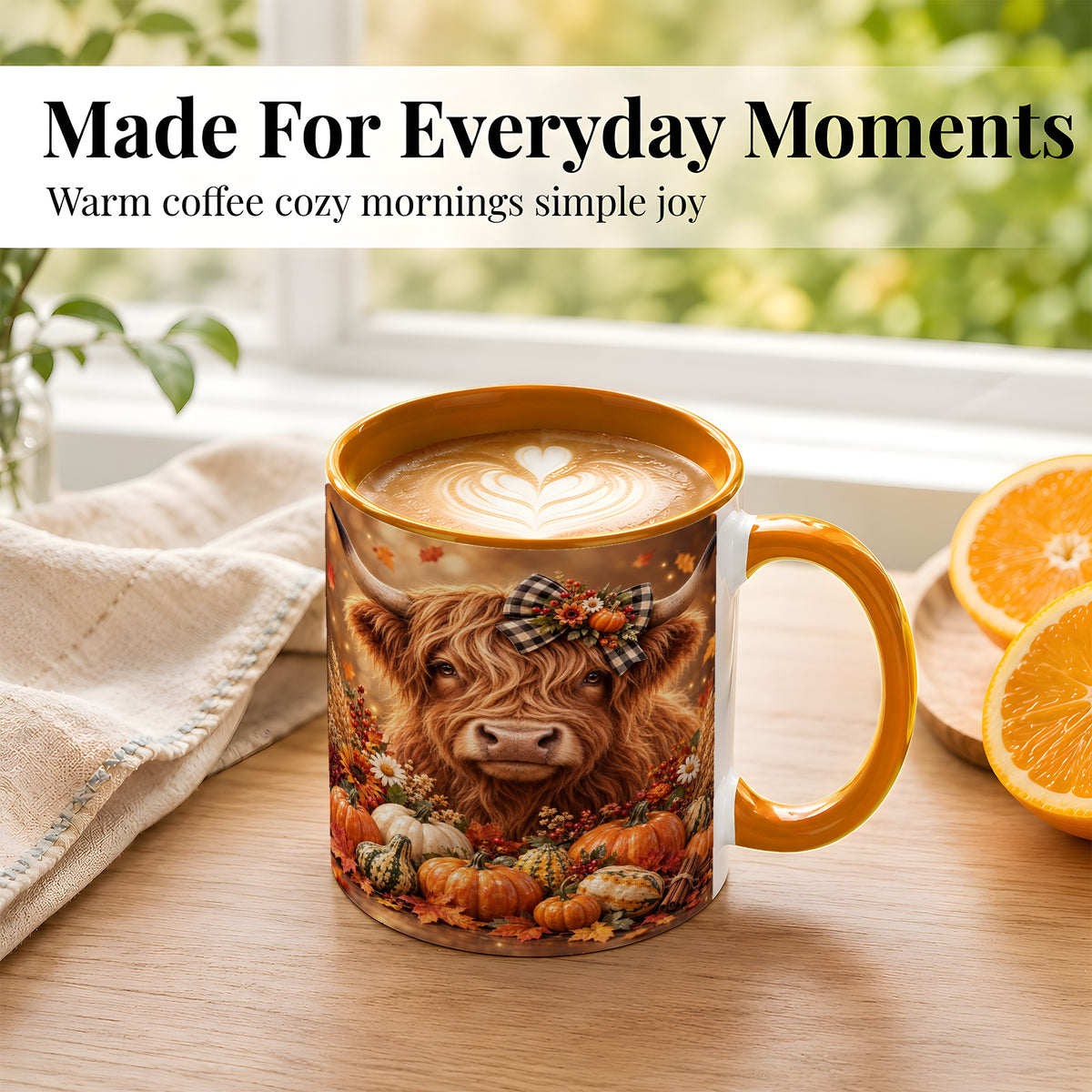 #pl[11oz|Orange] Highland Cow Coffee Mug, Autumn Farmhouse Mug, Ceramic Cup
