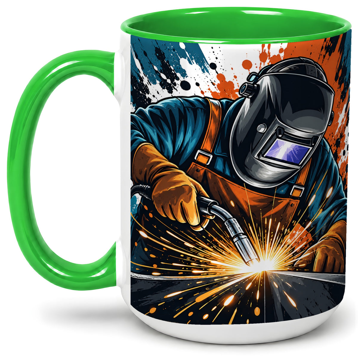 #pl[15oz|Green] Welder Accent Mug, Welding Sparks Artwork for Welders