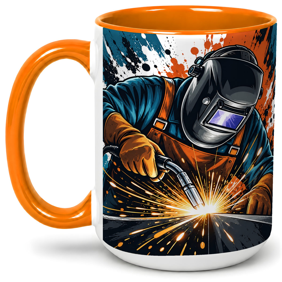 #pl[15oz|Orange] Welder Accent Mug, Welding Sparks Artwork for Welders