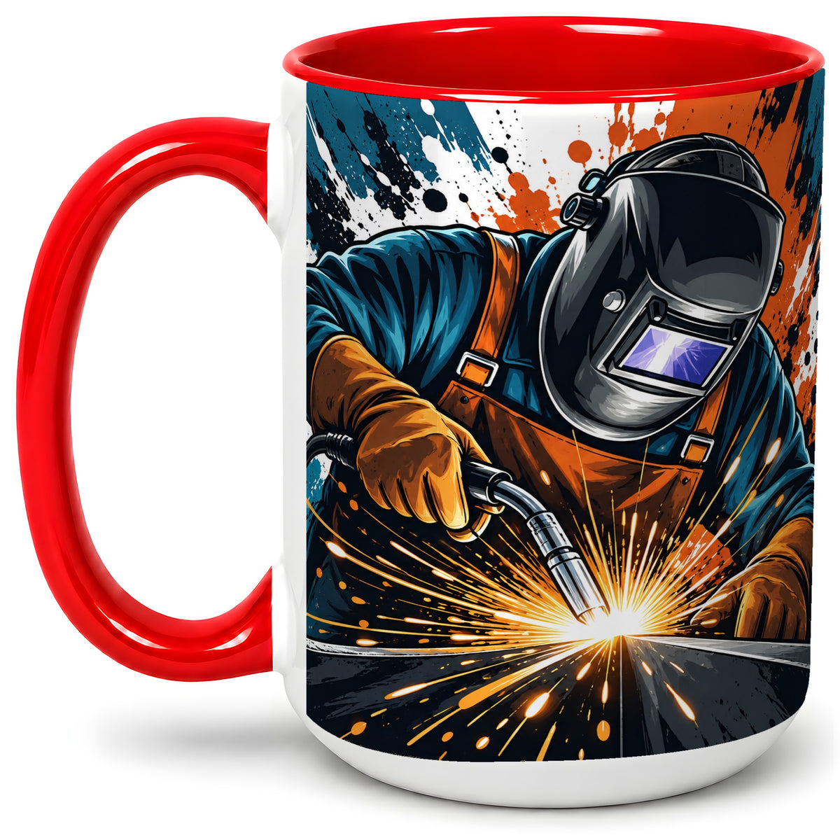 #pl[15oz|Red] Welder Accent Mug, Welding Sparks Artwork for Welders