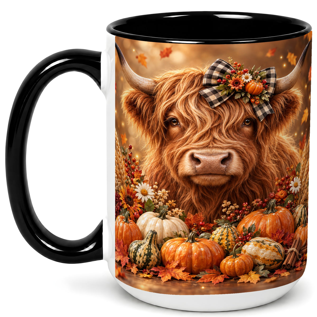 #pl[15oz|Black] Highland Cow Coffee Mug, Autumn Farmhouse Mug, Ceramic Cup