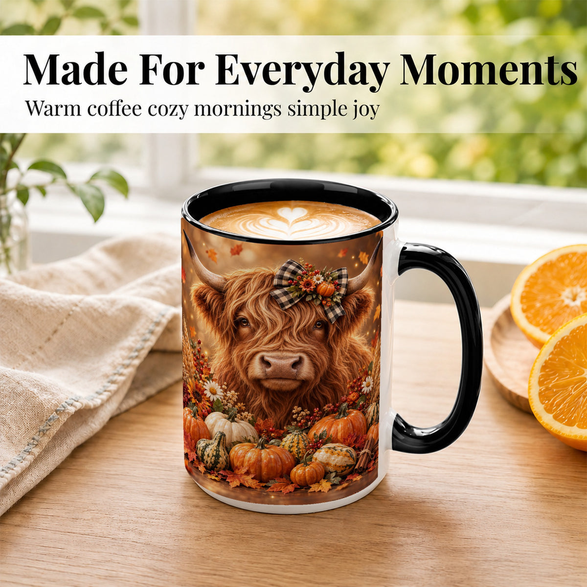 #pl[15oz|Black] Highland Cow Coffee Mug, Autumn Farmhouse Mug, Ceramic Cup