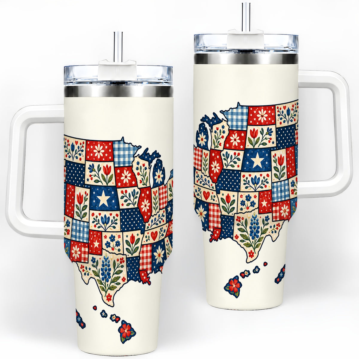 Patriotic USA Map 40oz Tumbler with Floral Patchwork Artwork