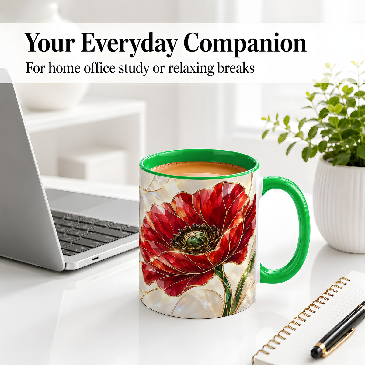 #pl[11oz|Green] Red Poppy Accent Mug, Crystal Floral Artwork for Flower Lovers