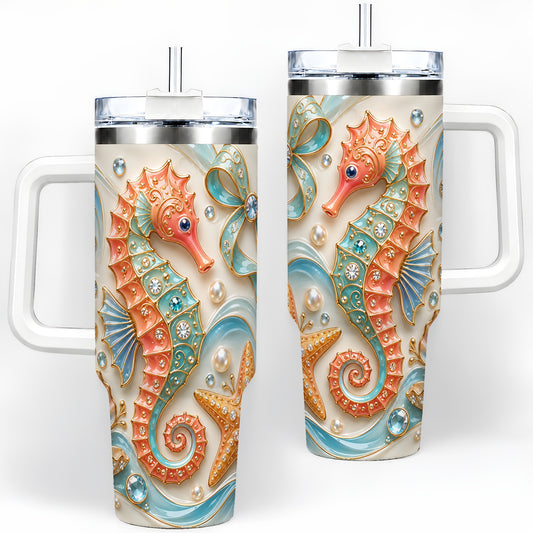 Ocean Seahorse 40oz Tumbler with Starfish and Pearl Artwork