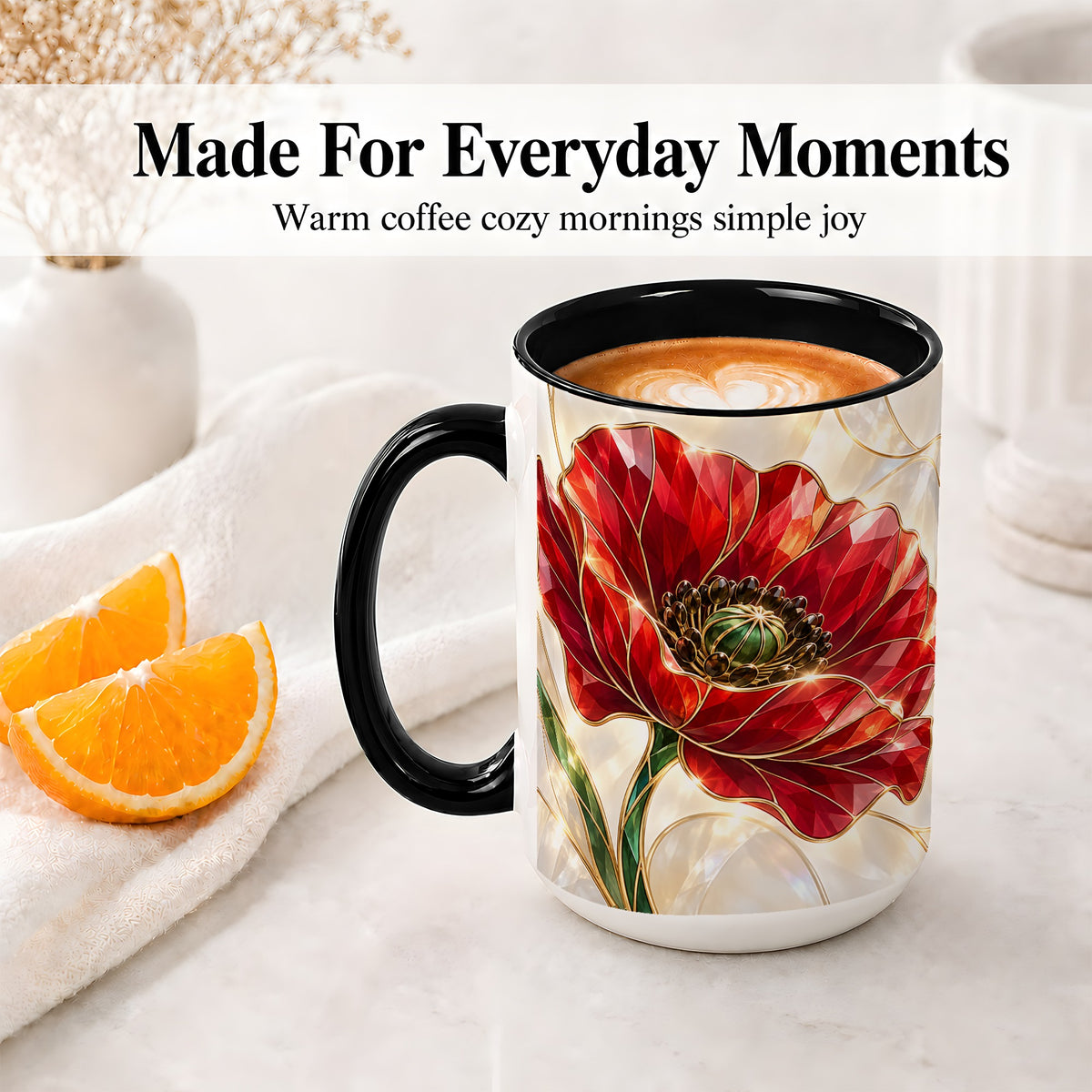 #pl[15oz|Black] Red Poppy Accent Mug, Crystal Floral Artwork for Flower Lovers