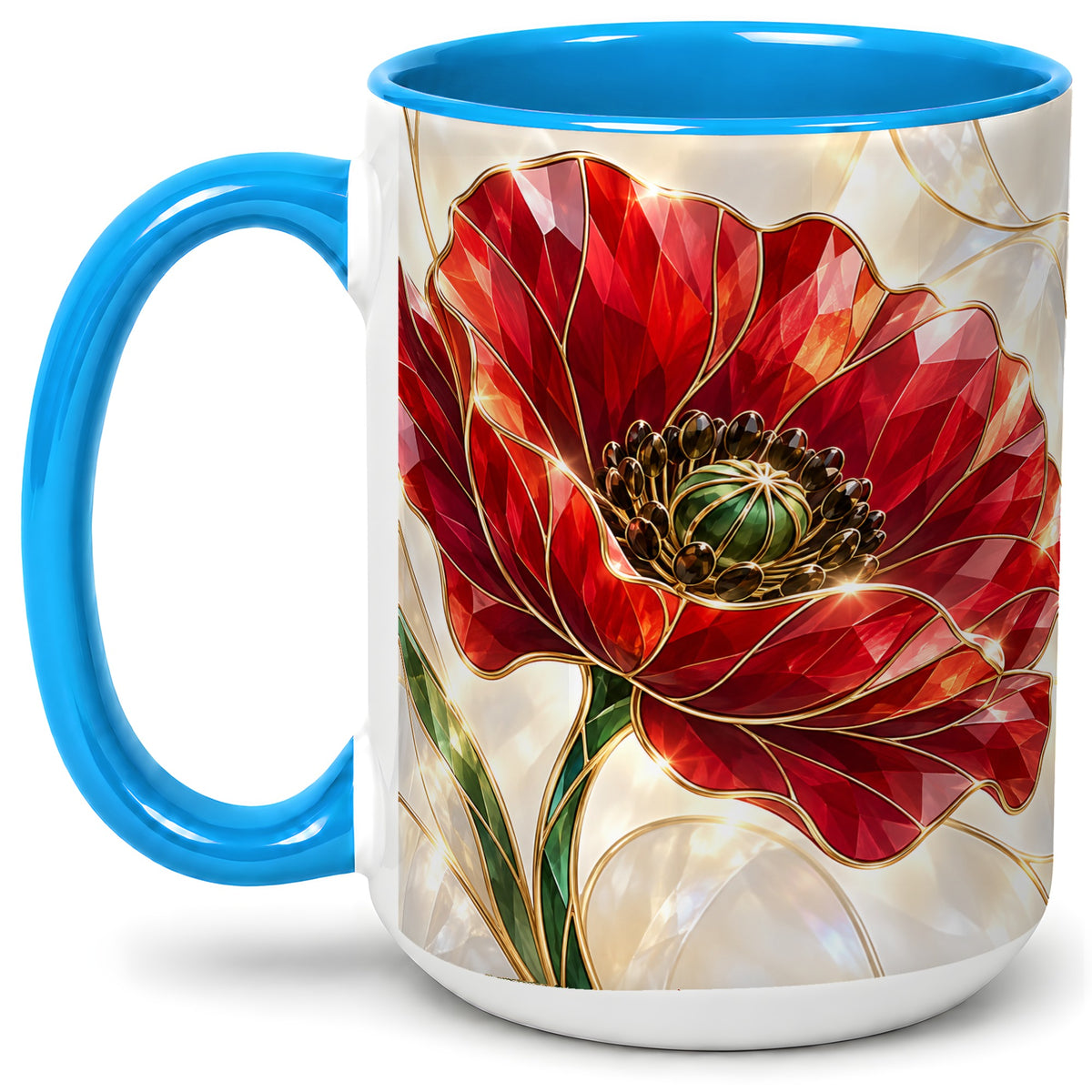 #pl[15oz|Blue] Red Poppy Accent Mug, Crystal Floral Artwork for Flower Lovers