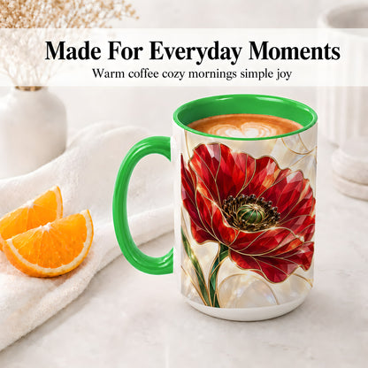 #pl[15oz|Green] Red Poppy Accent Mug, Crystal Floral Artwork for Flower Lovers