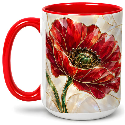 #pl[15oz|Red] Red Poppy Accent Mug, Crystal Floral Artwork for Flower Lovers