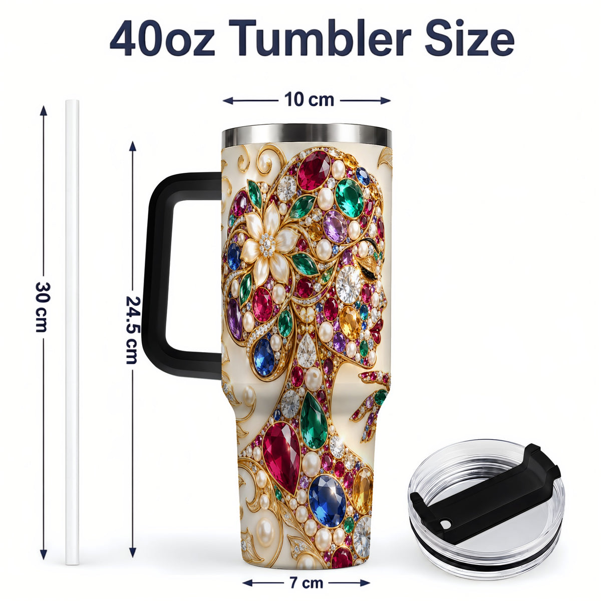 #pl[40oz|Black] Gemstone Woman Profile 40oz Tumbler with Floral Pearl Artwork