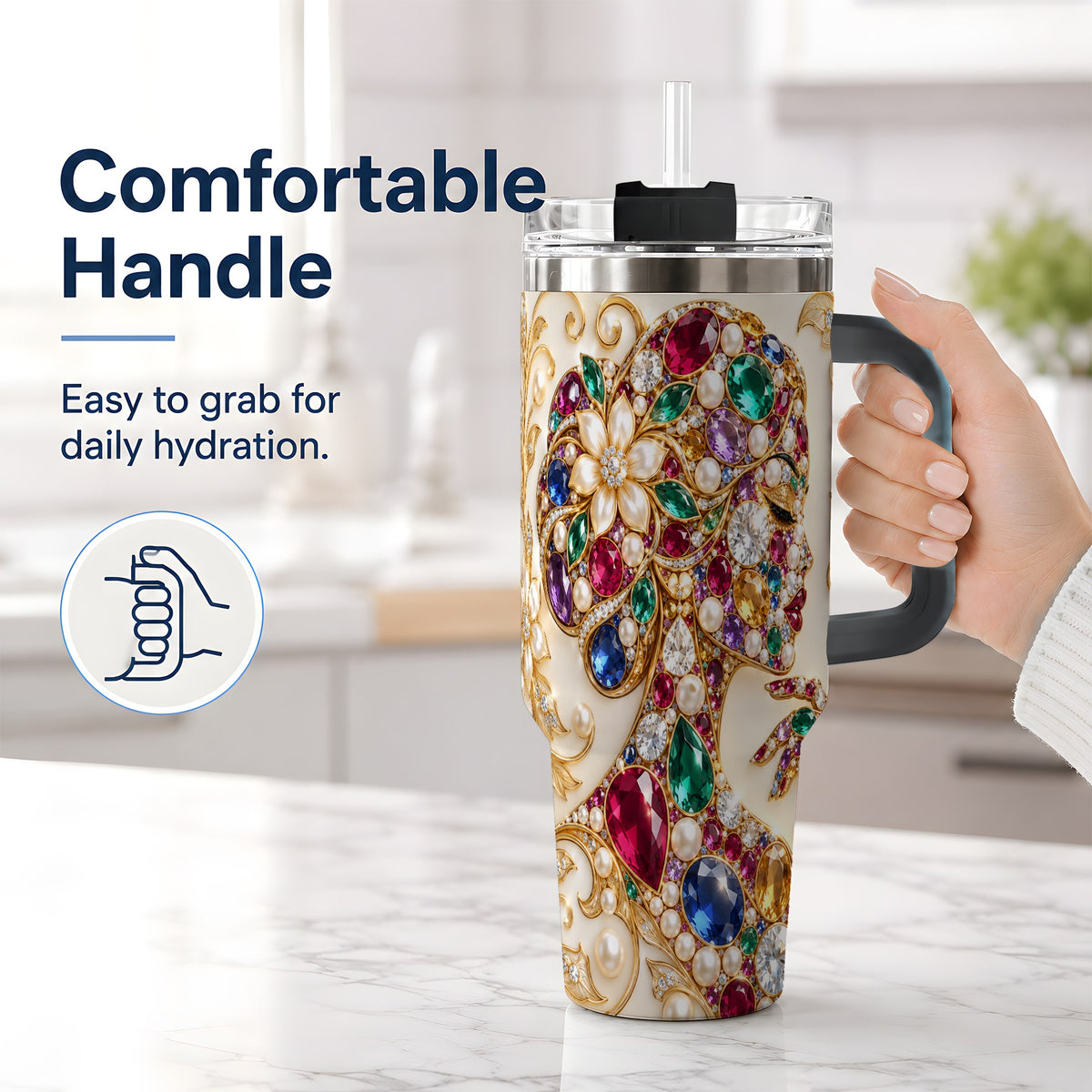 #pl[40oz|Black] Gemstone Woman Profile 40oz Tumbler with Floral Pearl Artwork