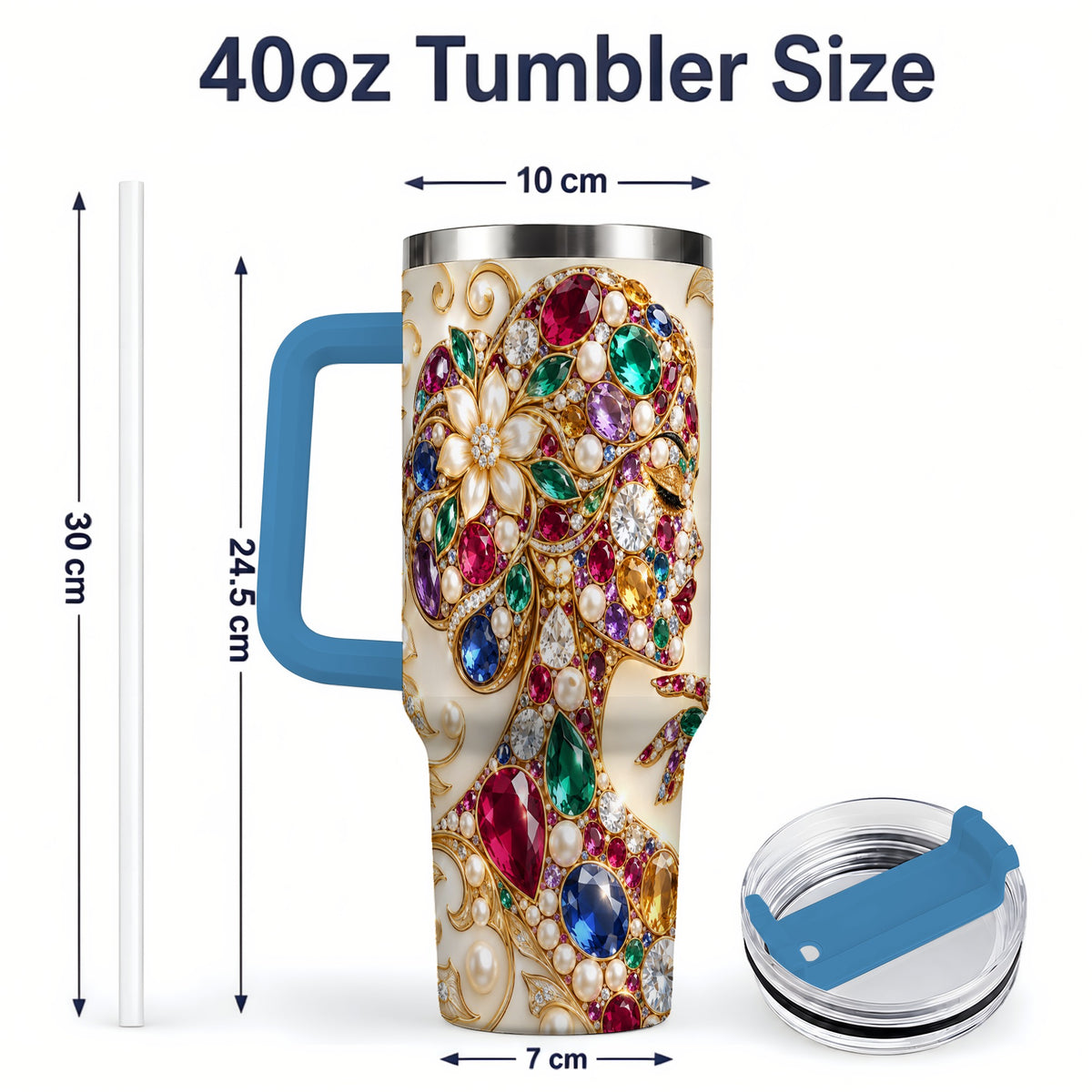#pl[40oz|Blue] Gemstone Woman Profile 40oz Tumbler with Floral Pearl Artwork