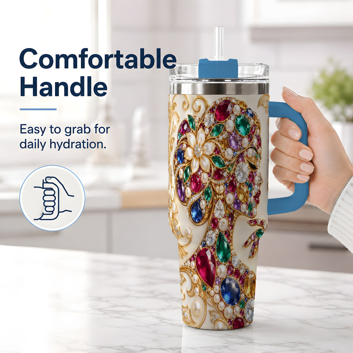 #pl[40oz|Blue] Gemstone Woman Profile 40oz Tumbler with Floral Pearl Artwork