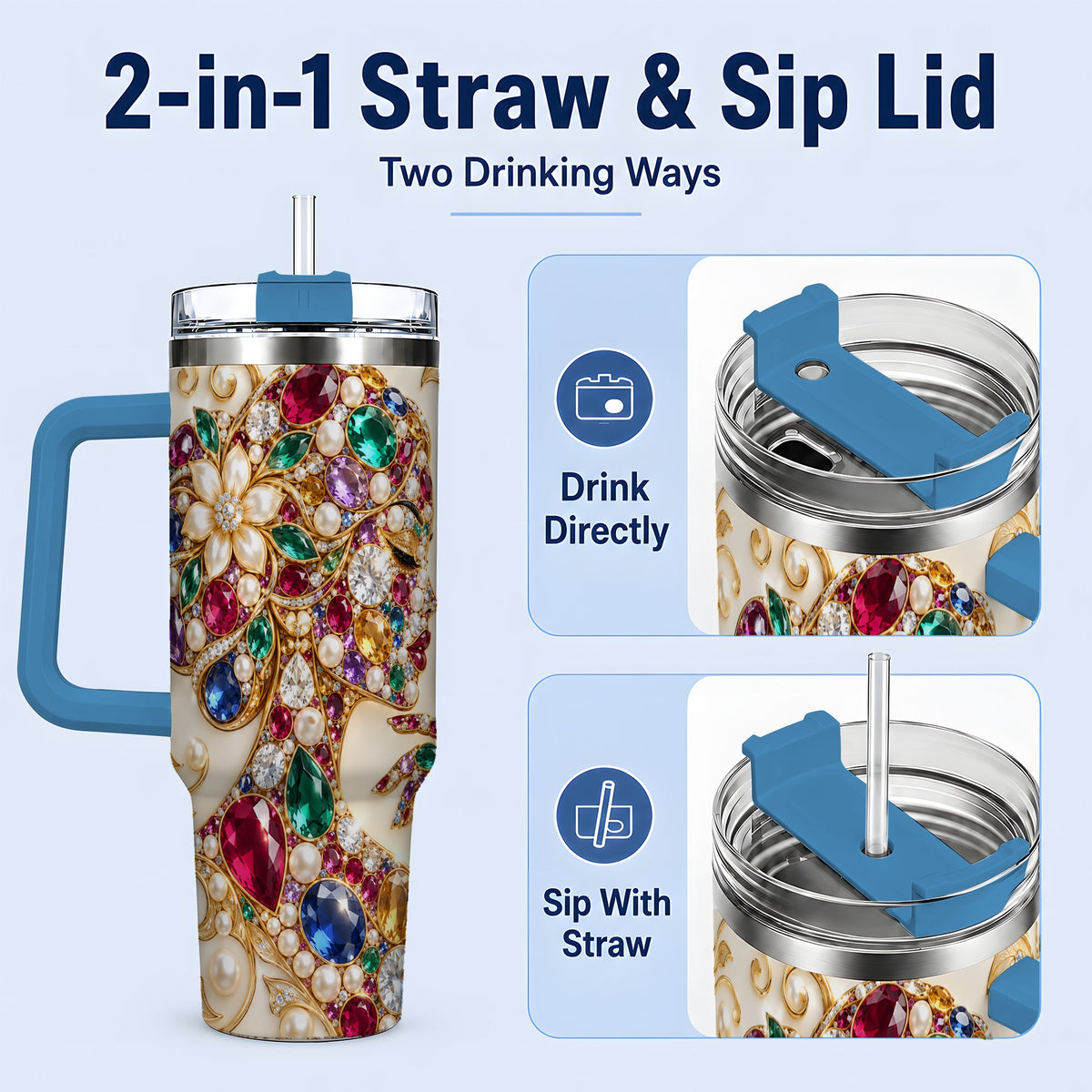 #pl[40oz|Blue] Gemstone Woman Profile 40oz Tumbler with Floral Pearl Artwork