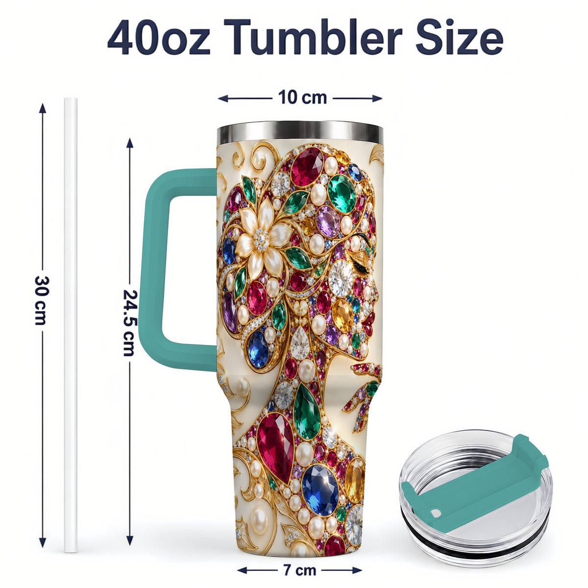 #pl[40oz|Green] Gemstone Woman Profile 40oz Tumbler with Floral Pearl Artwork
