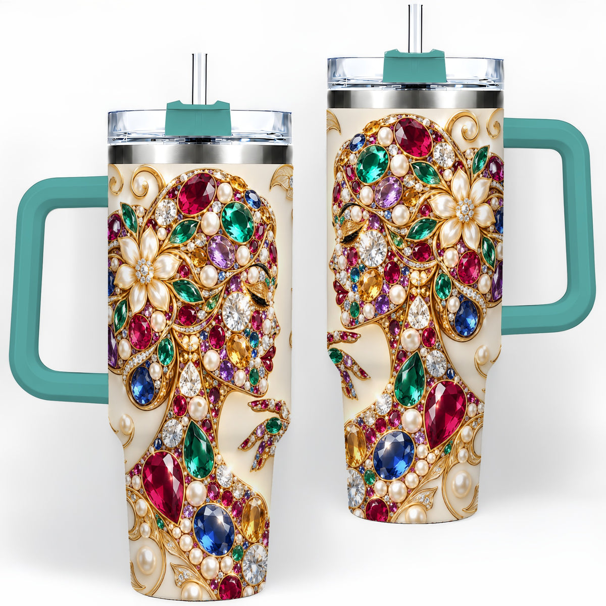 #pl[40oz|Green] Gemstone Woman Profile 40oz Tumbler with Floral Pearl Artwork