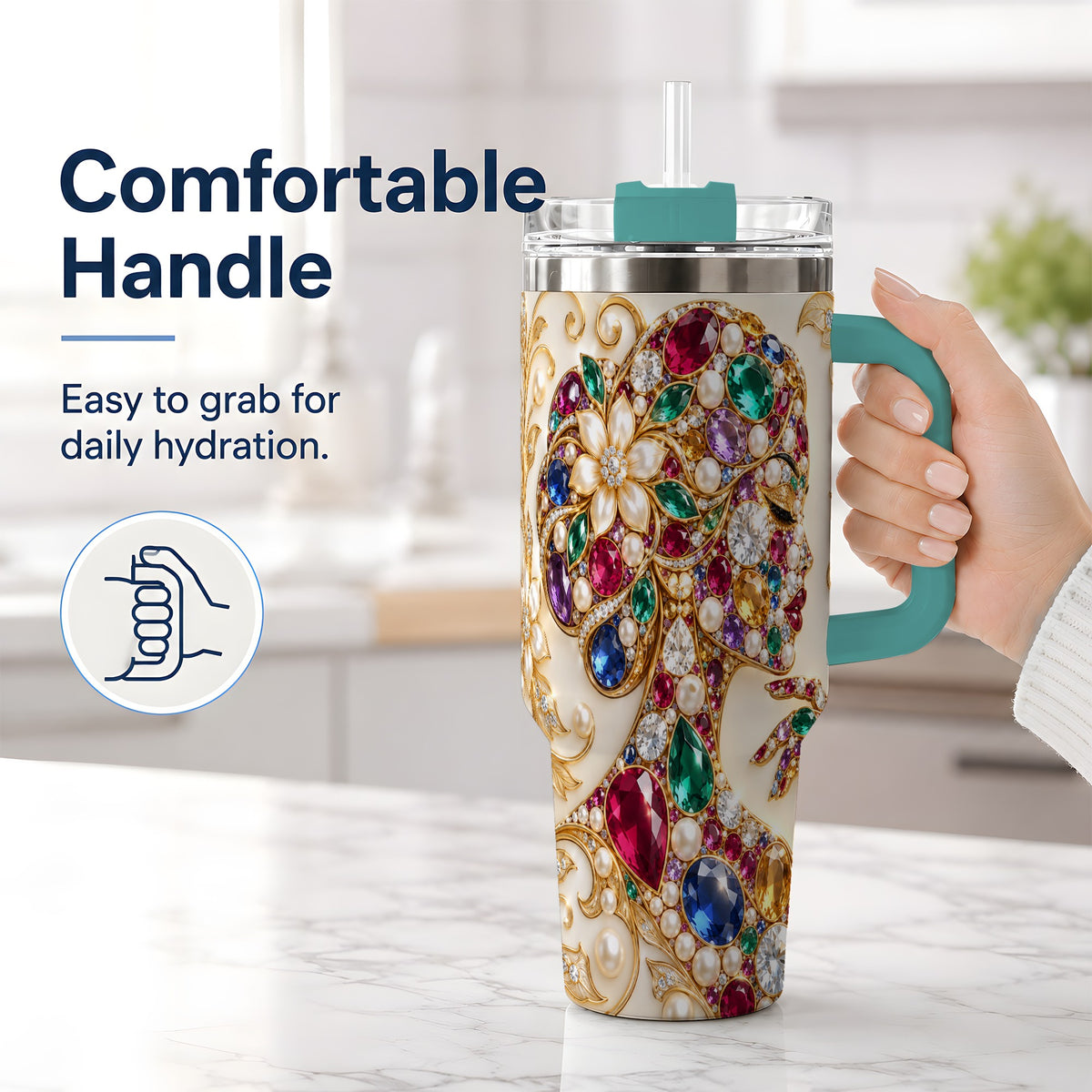 #pl[40oz|Green] Gemstone Woman Profile 40oz Tumbler with Floral Pearl Artwork