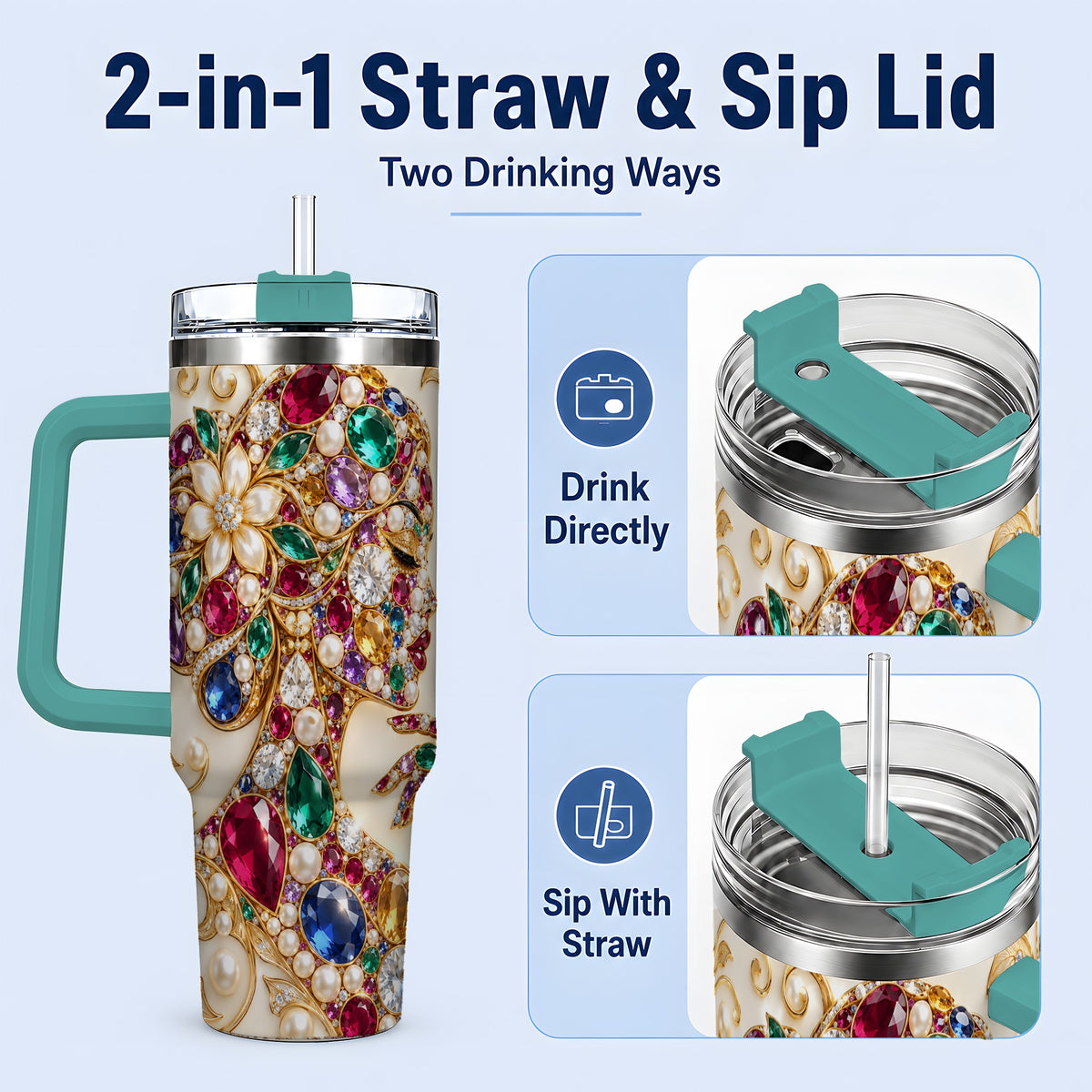 #pl[40oz|Green] Gemstone Woman Profile 40oz Tumbler with Floral Pearl Artwork
