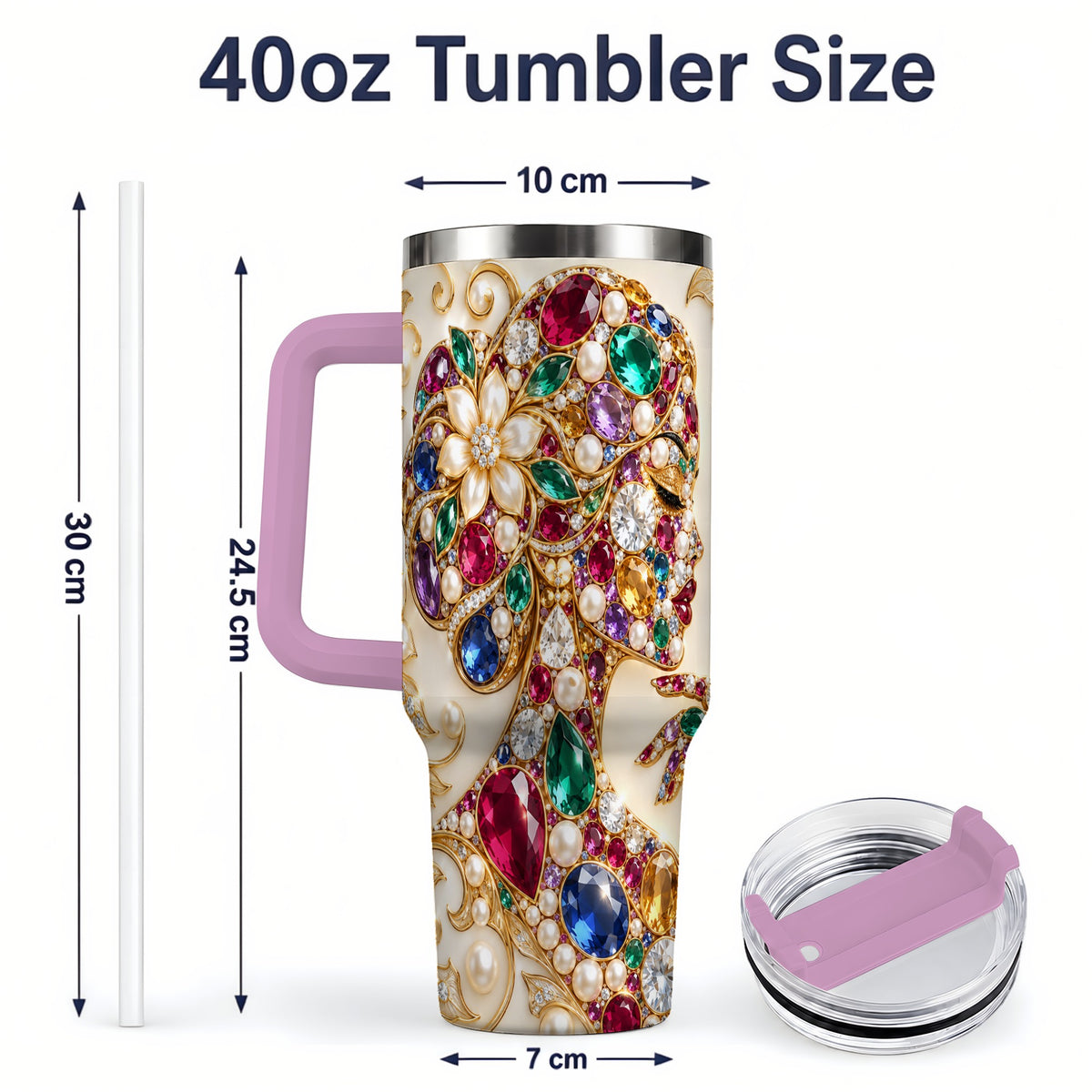 #pl[40oz|Pink] Gemstone Woman Profile 40oz Tumbler with Floral Pearl Artwork