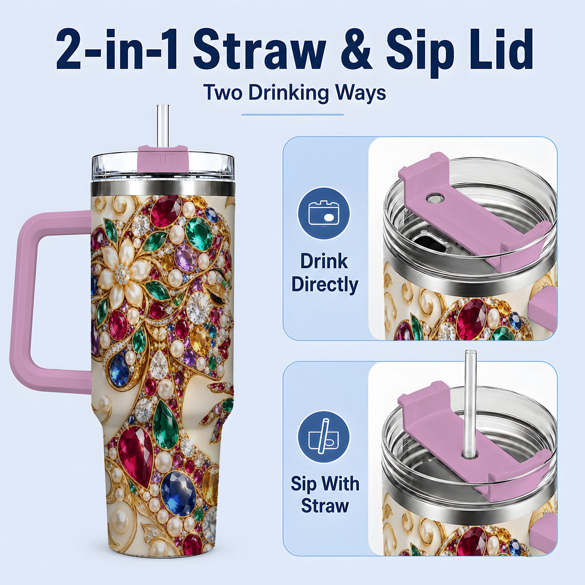 #pl[40oz|Pink] Gemstone Woman Profile 40oz Tumbler with Floral Pearl Artwork