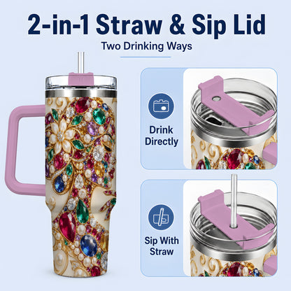 #pl[40oz|Pink] Gemstone Woman Profile 40oz Tumbler with Floral Pearl Artwork