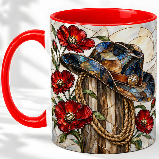 Western Cowboy Accent Mug, Stained Glass Hat and Poppy Artwork