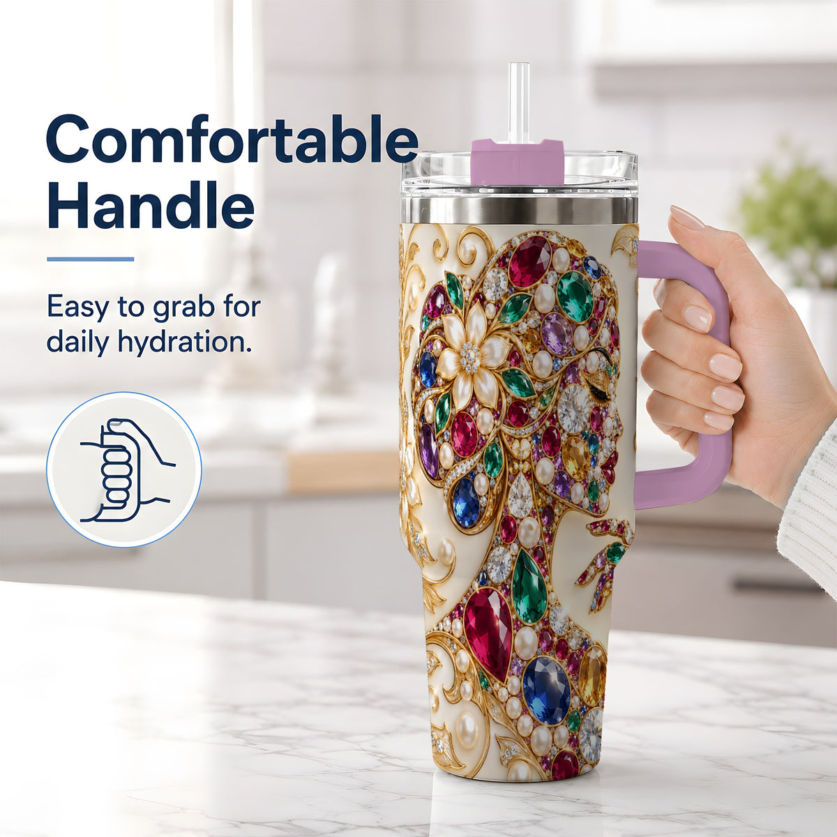 #pl[40oz|Pink] Gemstone Woman Profile 40oz Tumbler with Floral Pearl Artwork