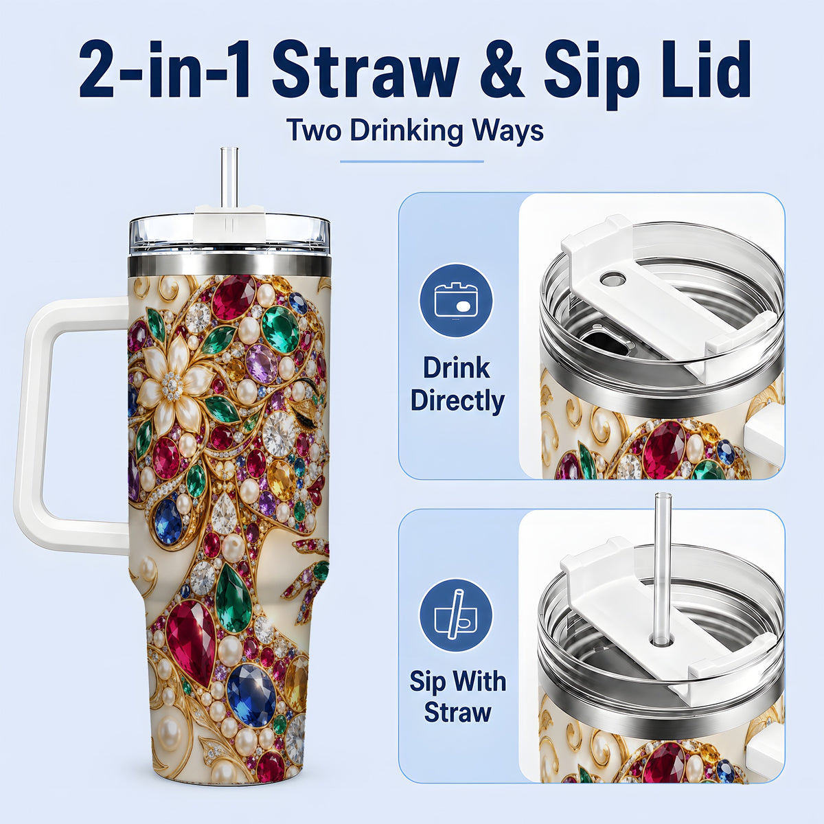 #pl[40oz|White] Gemstone Woman Profile 40oz Tumbler with Floral Pearl Artwork
