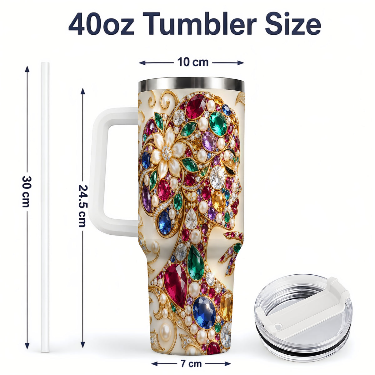 #pl[40oz|White] Gemstone Woman Profile 40oz Tumbler with Floral Pearl Artwork