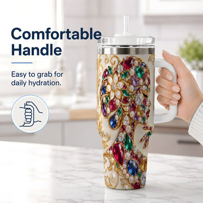 #pl[40oz|White] Gemstone Woman Profile 40oz Tumbler with Floral Pearl Artwork