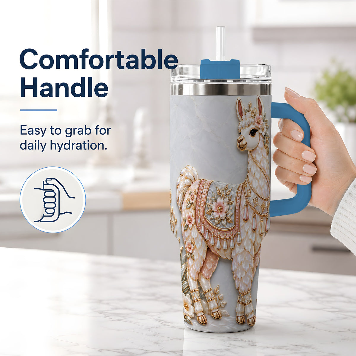 #pl[40oz|Blue] Floral Alpaca 40oz Tumbler with Cactus and Desert Artwork