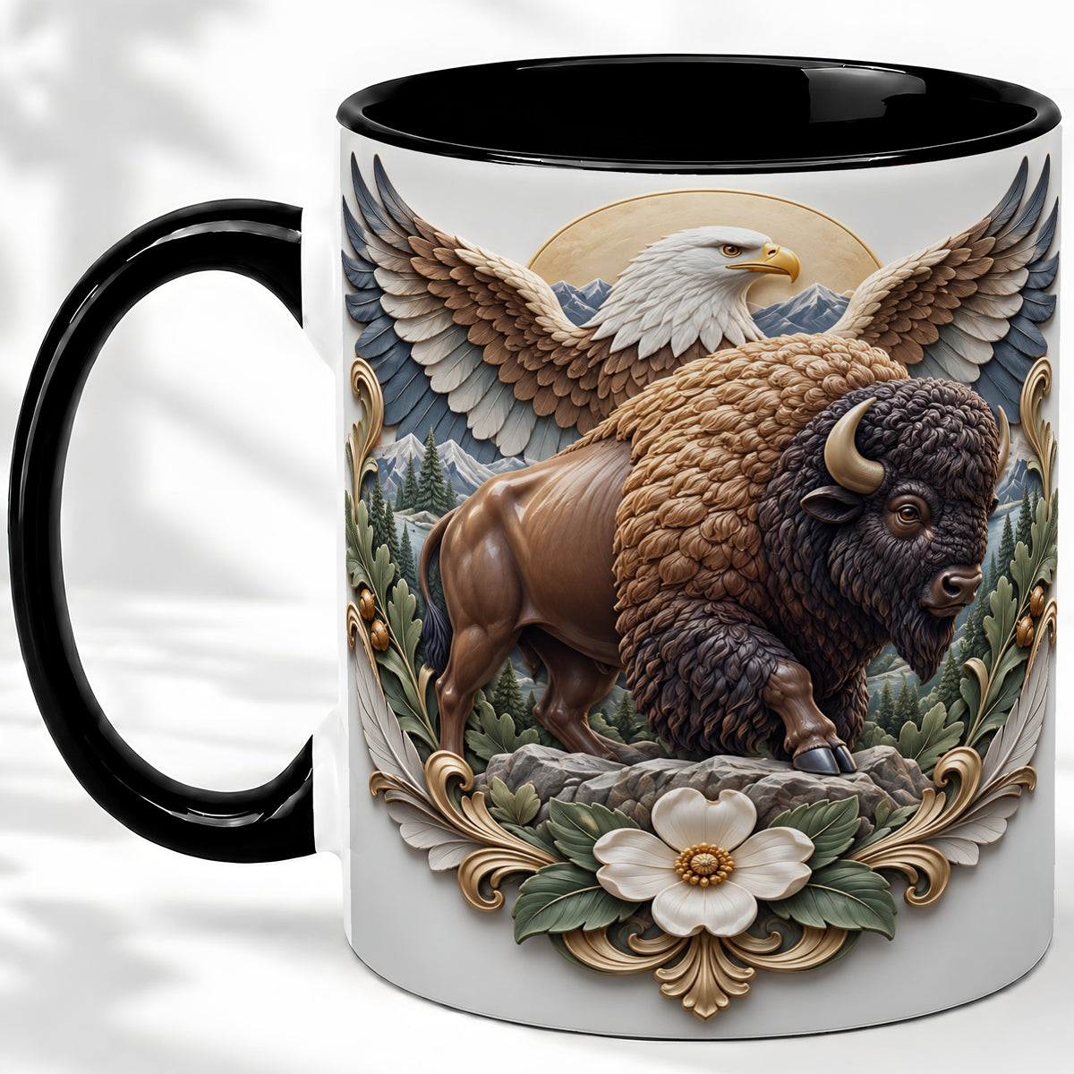 #pl[11oz|Black] Bison and Eagle Accent Mug, Mountain Wildlife Artwork for Nature Fans