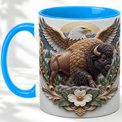 #pl[11oz|Blue] Bison and Eagle Accent Mug, Mountain Wildlife Artwork for Nature Fans