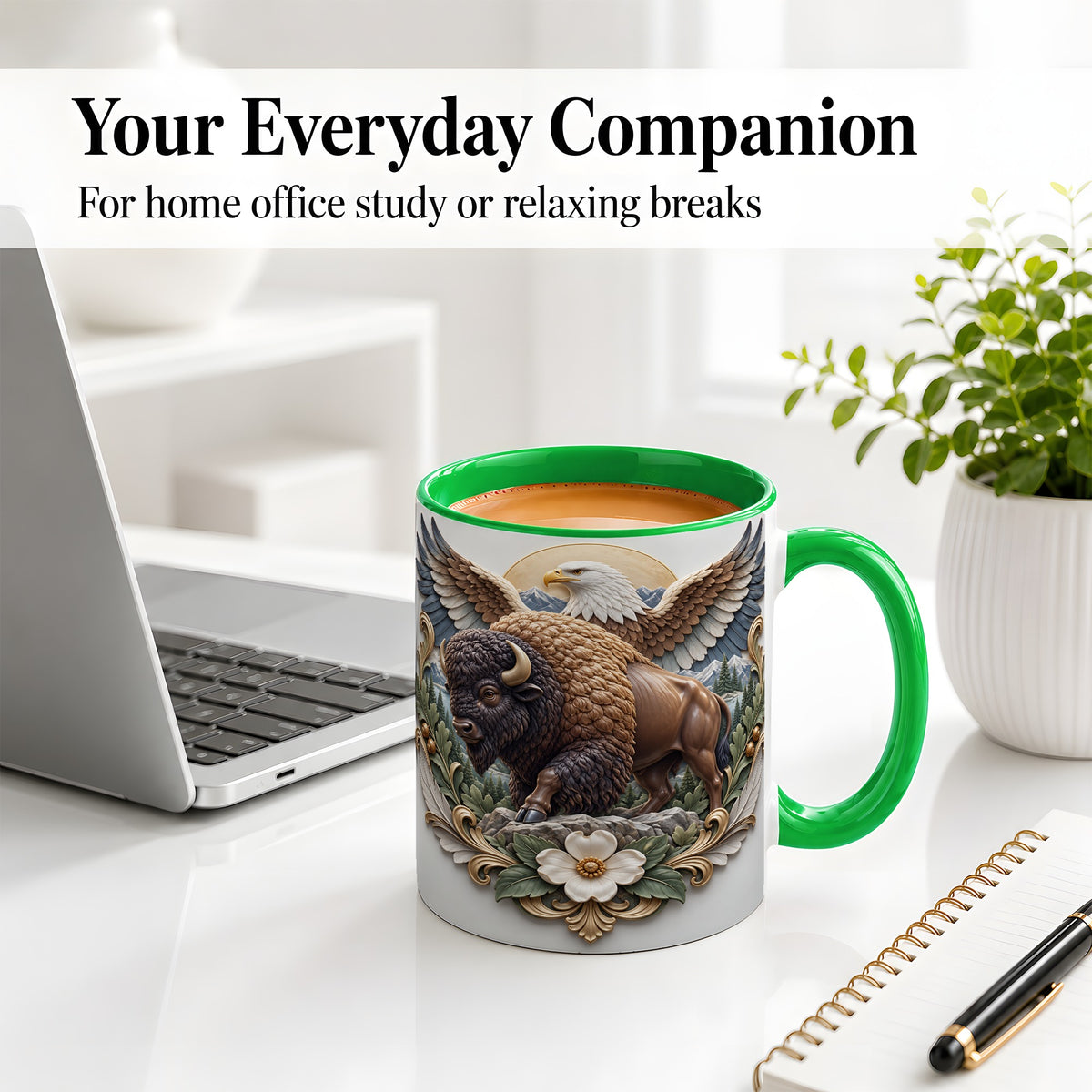 #pl[11oz|Green] Bison and Eagle Accent Mug, Mountain Wildlife Artwork for Nature Fans