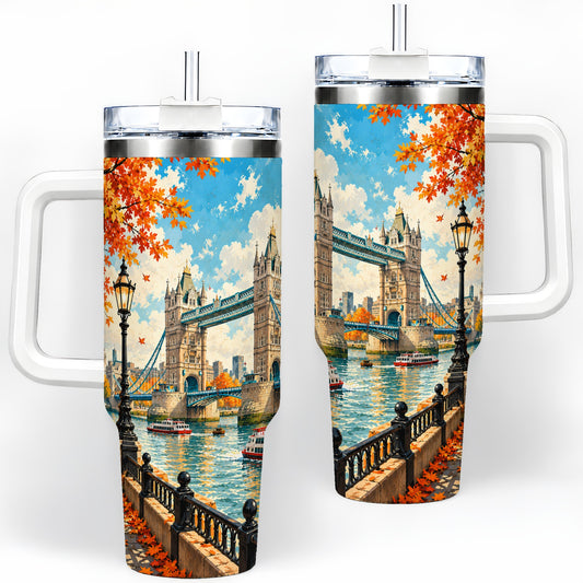 London Riverside Landmark 40oz Tumbler with Autumn Bridge Artwork