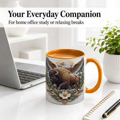 #pl[11oz|Orange] Bison and Eagle Accent Mug, Mountain Wildlife Artwork for Nature Fans