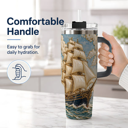 #pl[40oz|Black] Sailing Ship 40oz Tumbler, Ocean Voyage Artwork for Nautical Enthusiasts