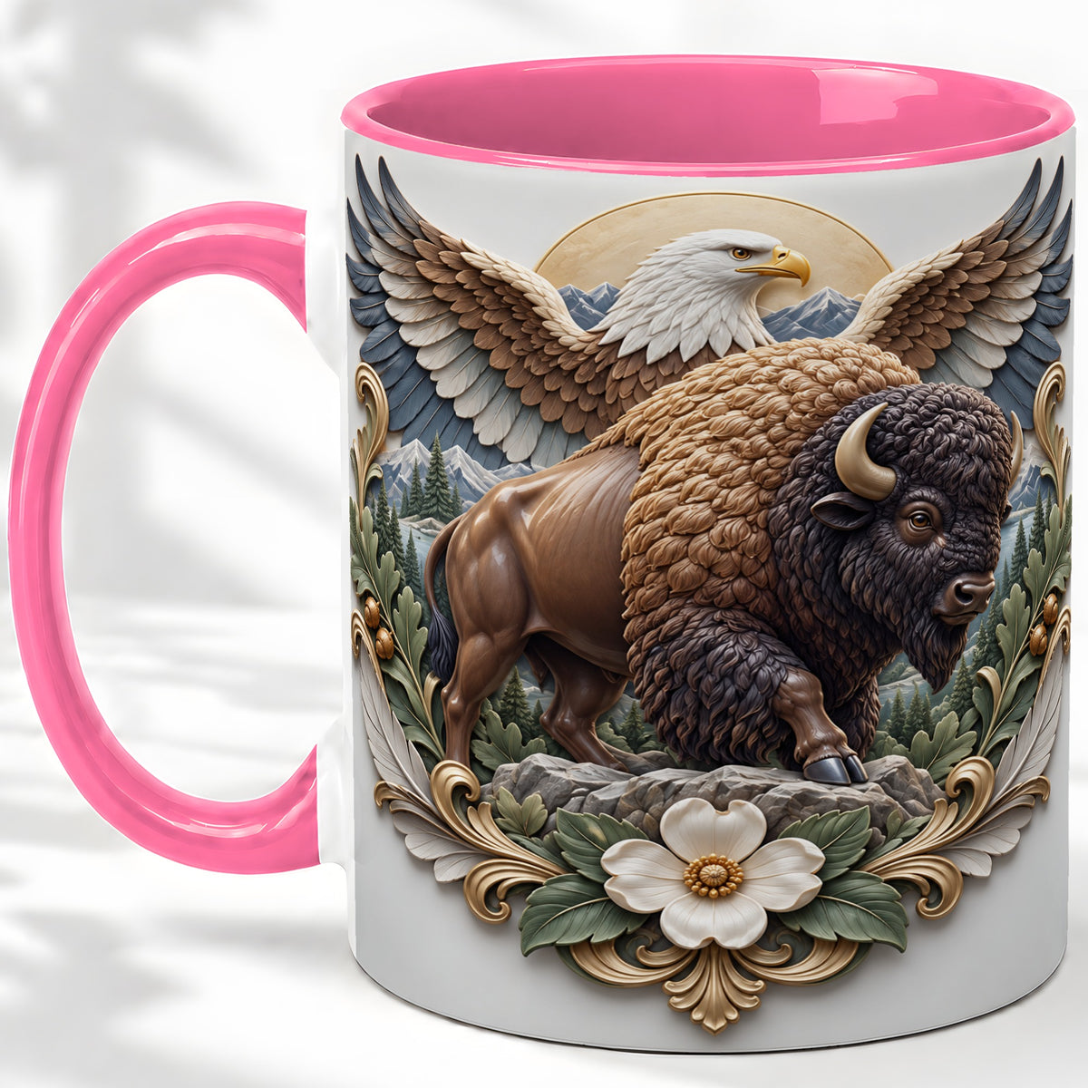 #pl[11oz|Pink] Bison and Eagle Accent Mug, Mountain Wildlife Artwork for Nature Fans