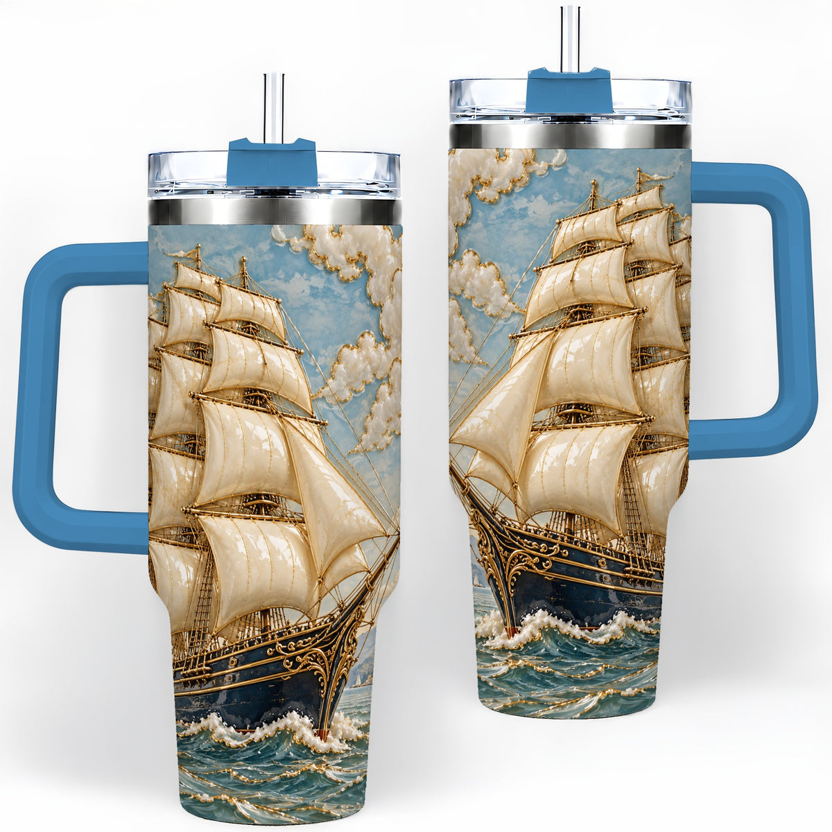 #pl[40oz|Blue] Sailing Ship 40oz Tumbler, Ocean Voyage Artwork for Nautical Enthusiasts