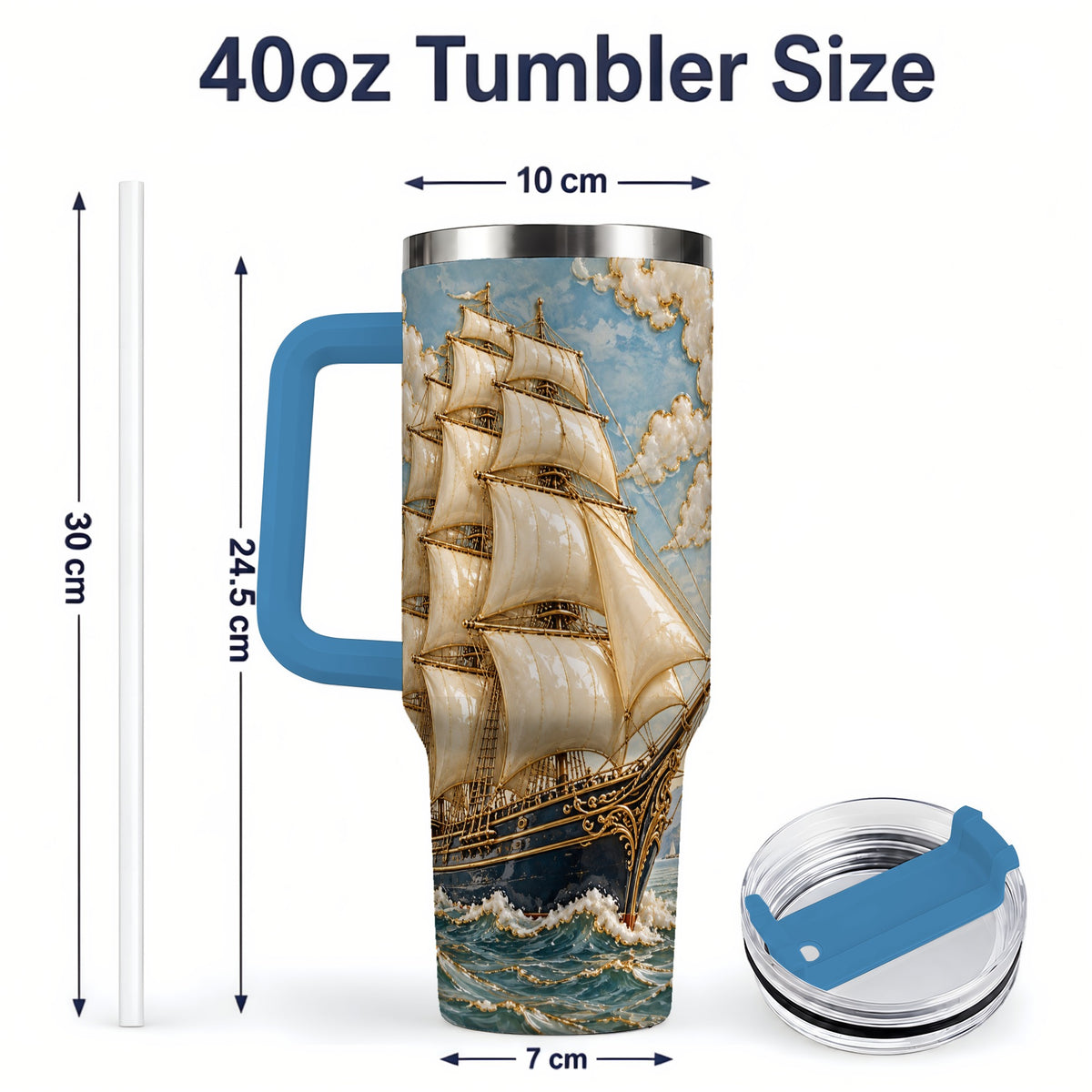 #pl[40oz|Blue] Sailing Ship 40oz Tumbler, Ocean Voyage Artwork for Nautical Enthusiasts