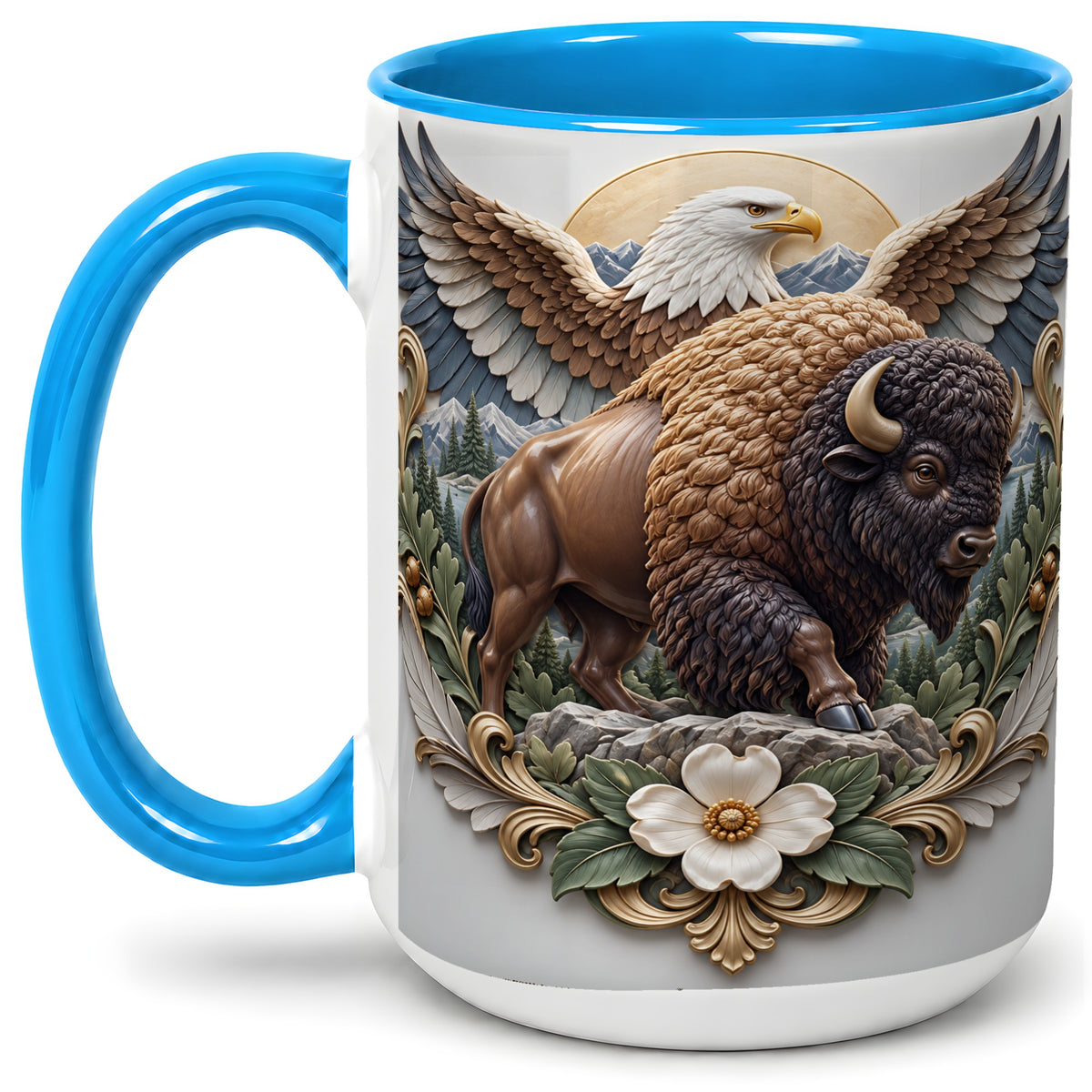 #pl[15oz|Blue] Bison and Eagle Accent Mug, Mountain Wildlife Artwork for Nature Fans