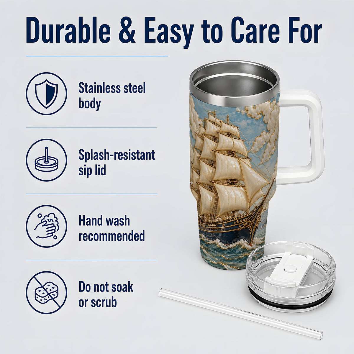 Sailing Ship 40oz Tumbler, Ocean Voyage Artwork for Nautical Enthusiasts